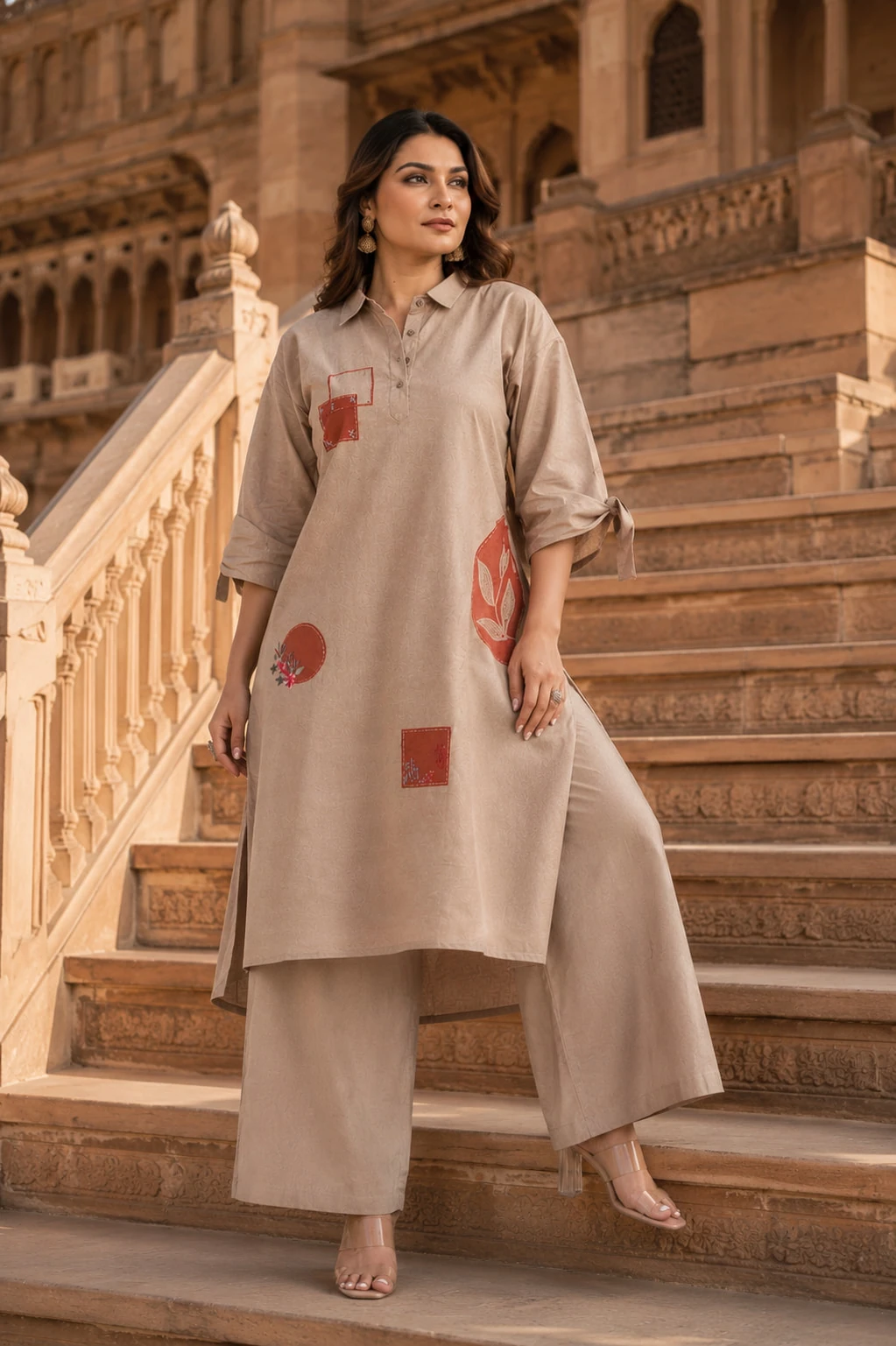 Beige Pure Linen Patchwork Kurta Palazzo Set