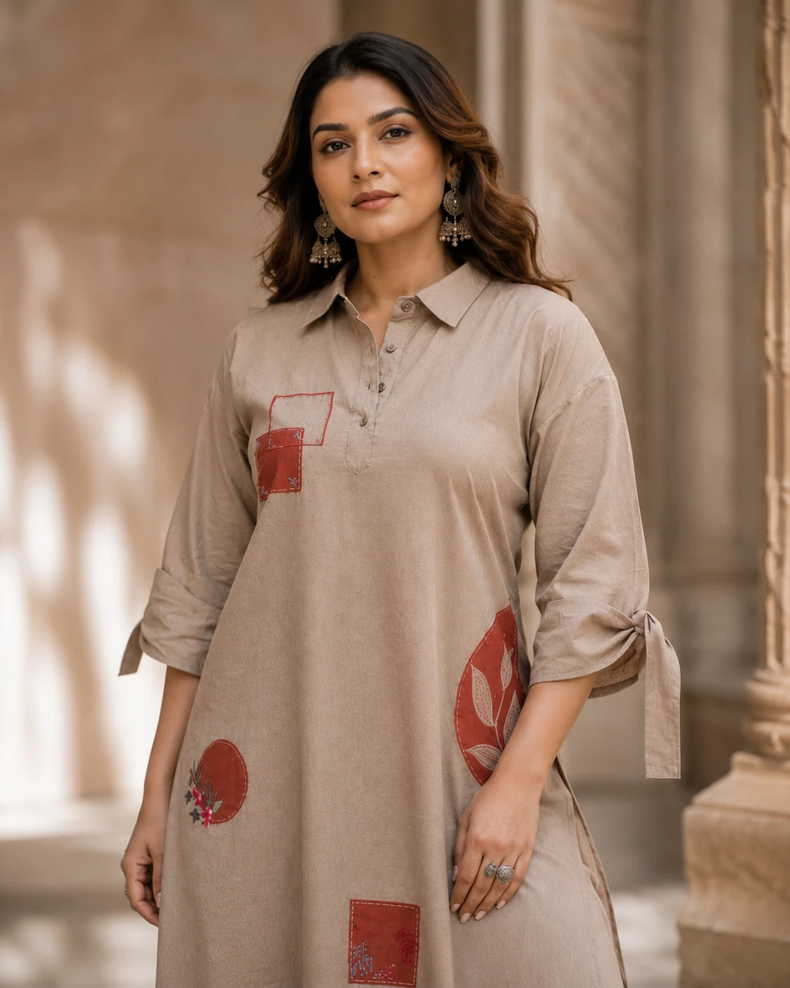 Beige Pure Linen Patchwork Kurta Palazzo Set — view 5