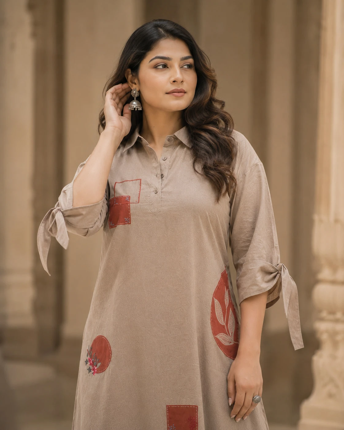 Beige Pure Linen Patchwork Kurta Palazzo Set — view 6