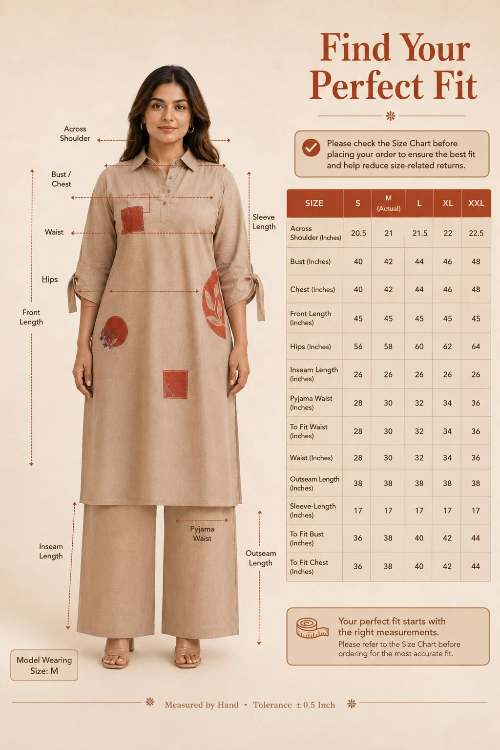 Beige Pure Linen Patchwork Kurta Palazzo Set — view 7
