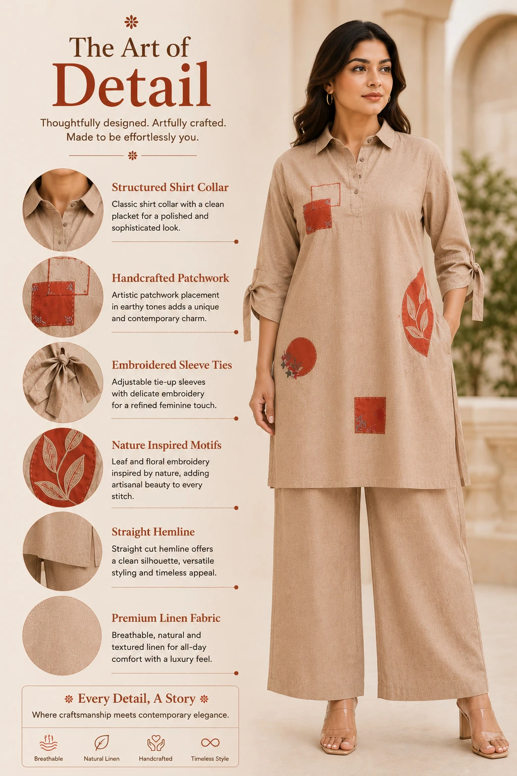 Beige Pure Linen Patchwork Kurta Palazzo Set — view 8