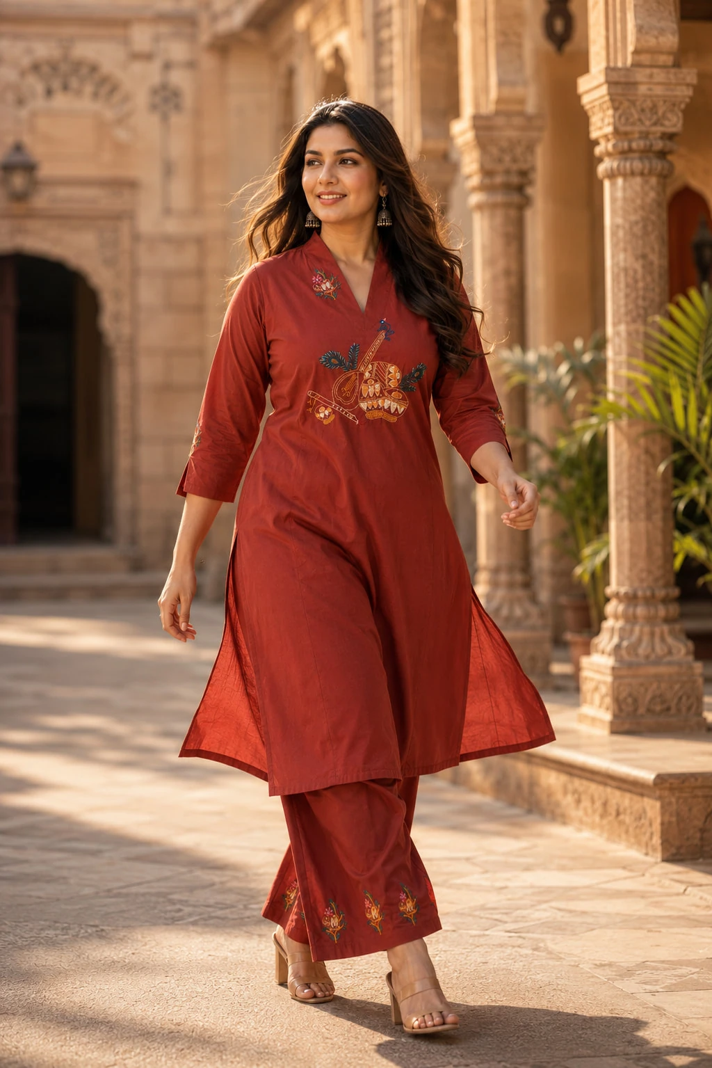 Rust Red Pure Cotton Embroidered Kurta Culotte Set