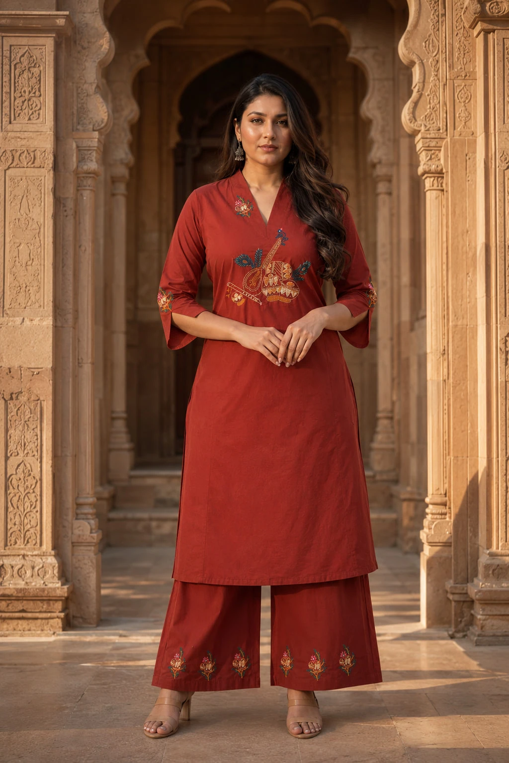 Rust Red Pure Cotton Embroidered Kurta Culotte Set — view 2