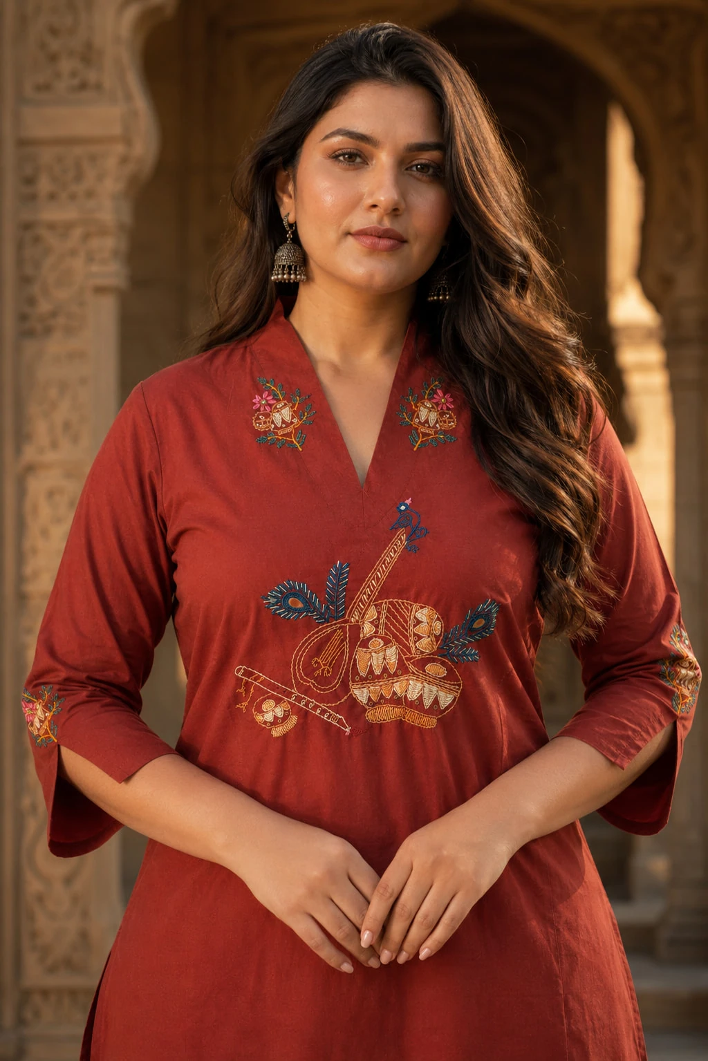 Rust Red Pure Cotton Embroidered Kurta Culotte Set — view 3