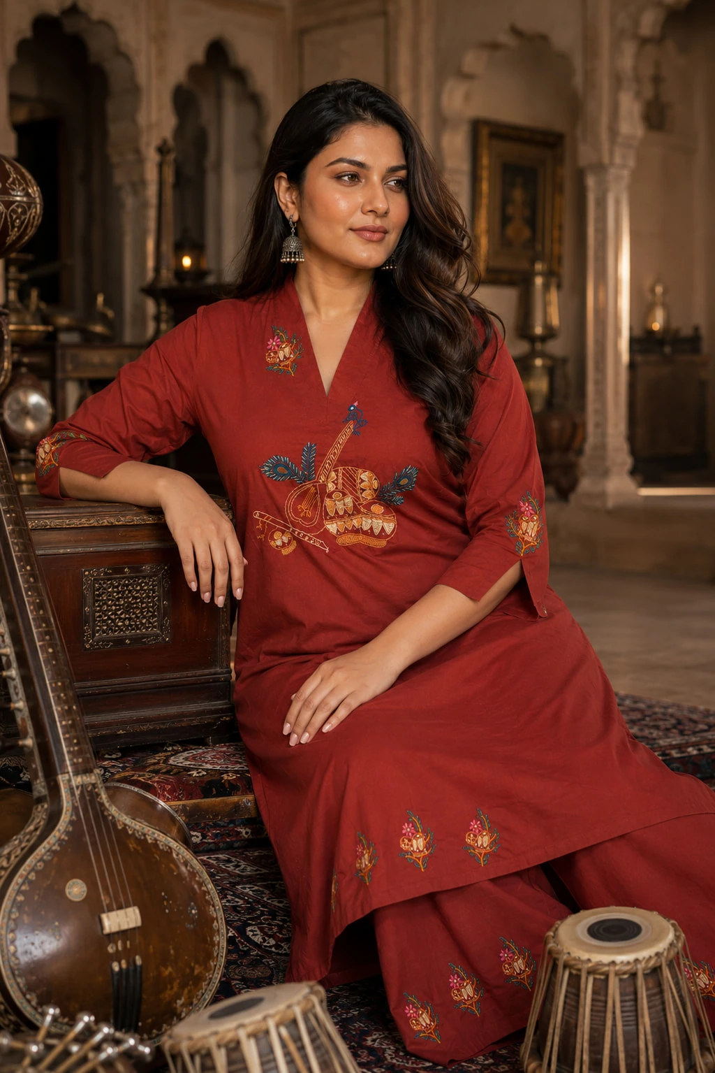 Rust Red Pure Cotton Embroidered Kurta Culotte Set — view 4