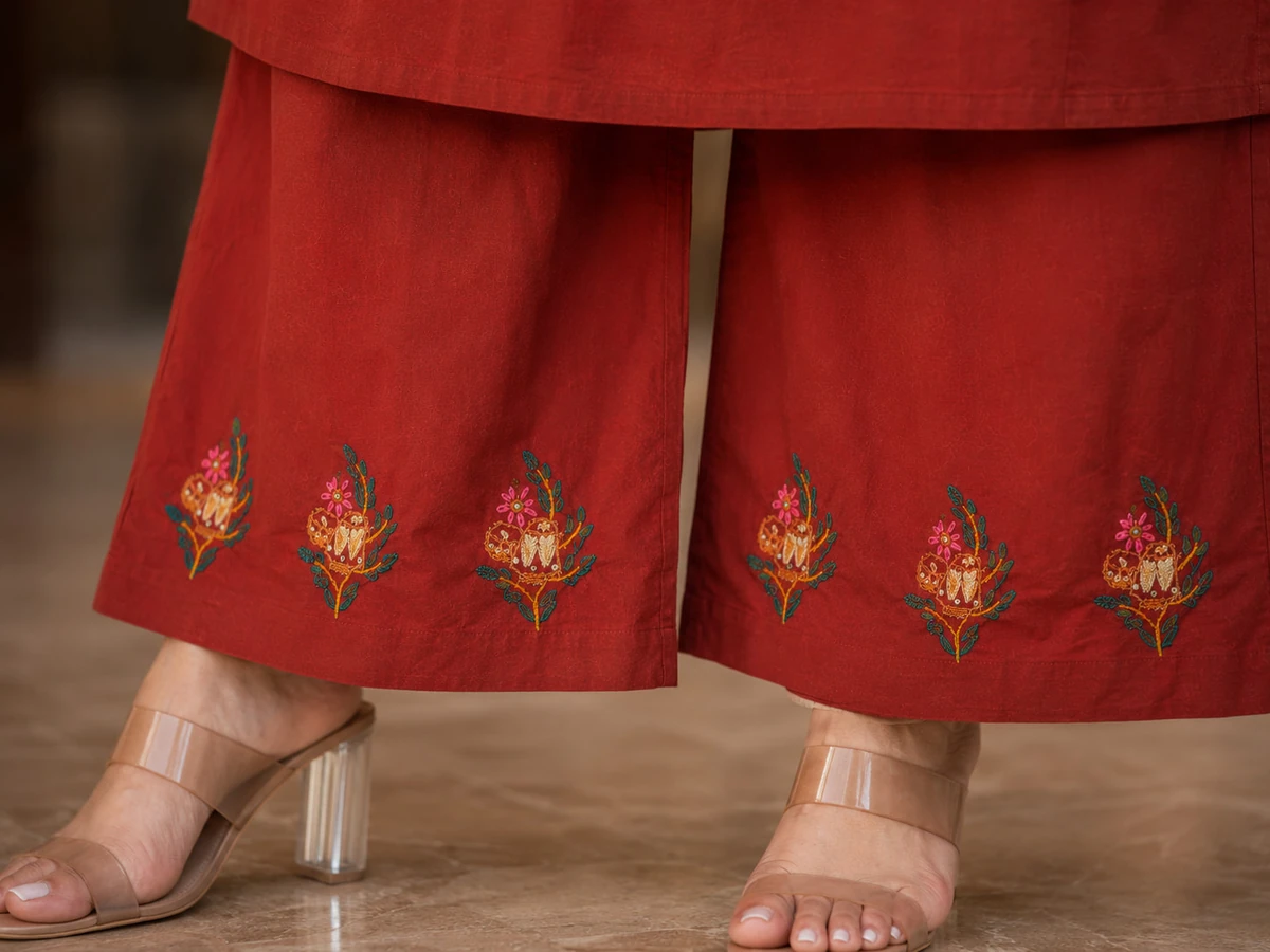 Rust Red Pure Cotton Embroidered Kurta Culotte Set — view 5