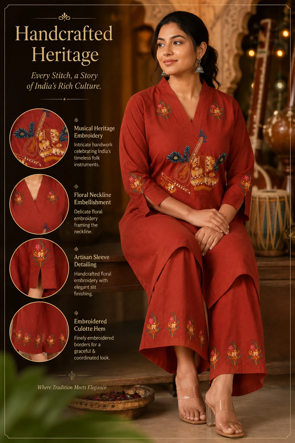 Rust Red Pure Cotton Embroidered Kurta Culotte Set — view 6