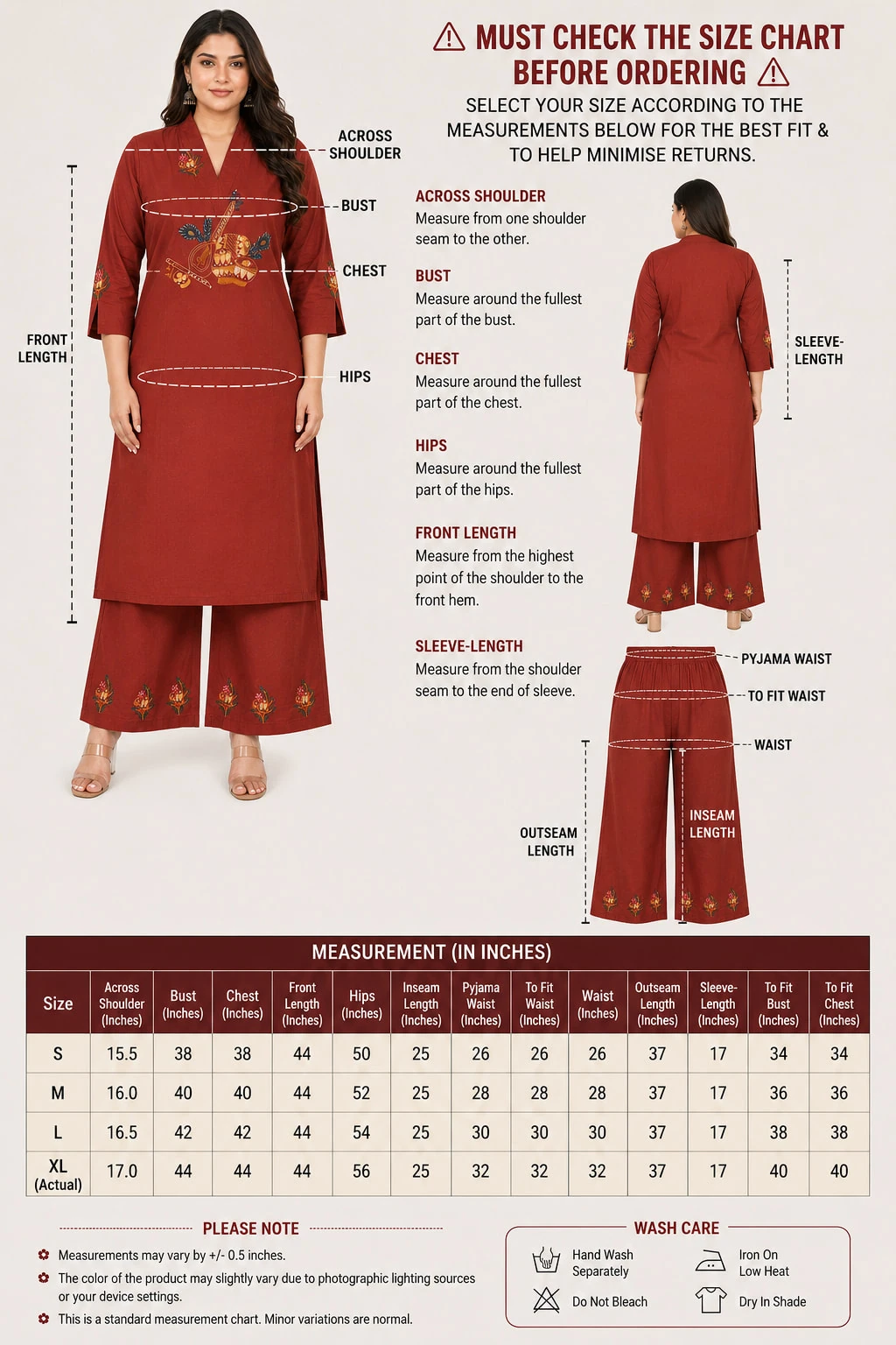 Rust Red Pure Cotton Embroidered Kurta Culotte Set — view 7
