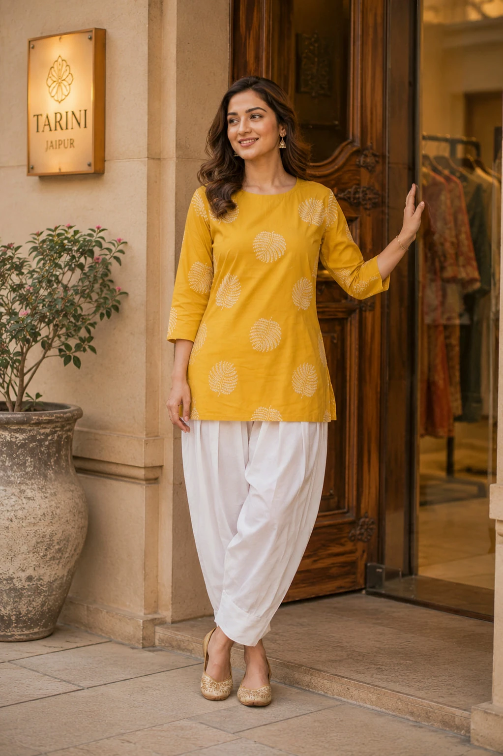 Mustard Hand Block Print Pure Cotton Kurta with White Tulip Pants — view 8