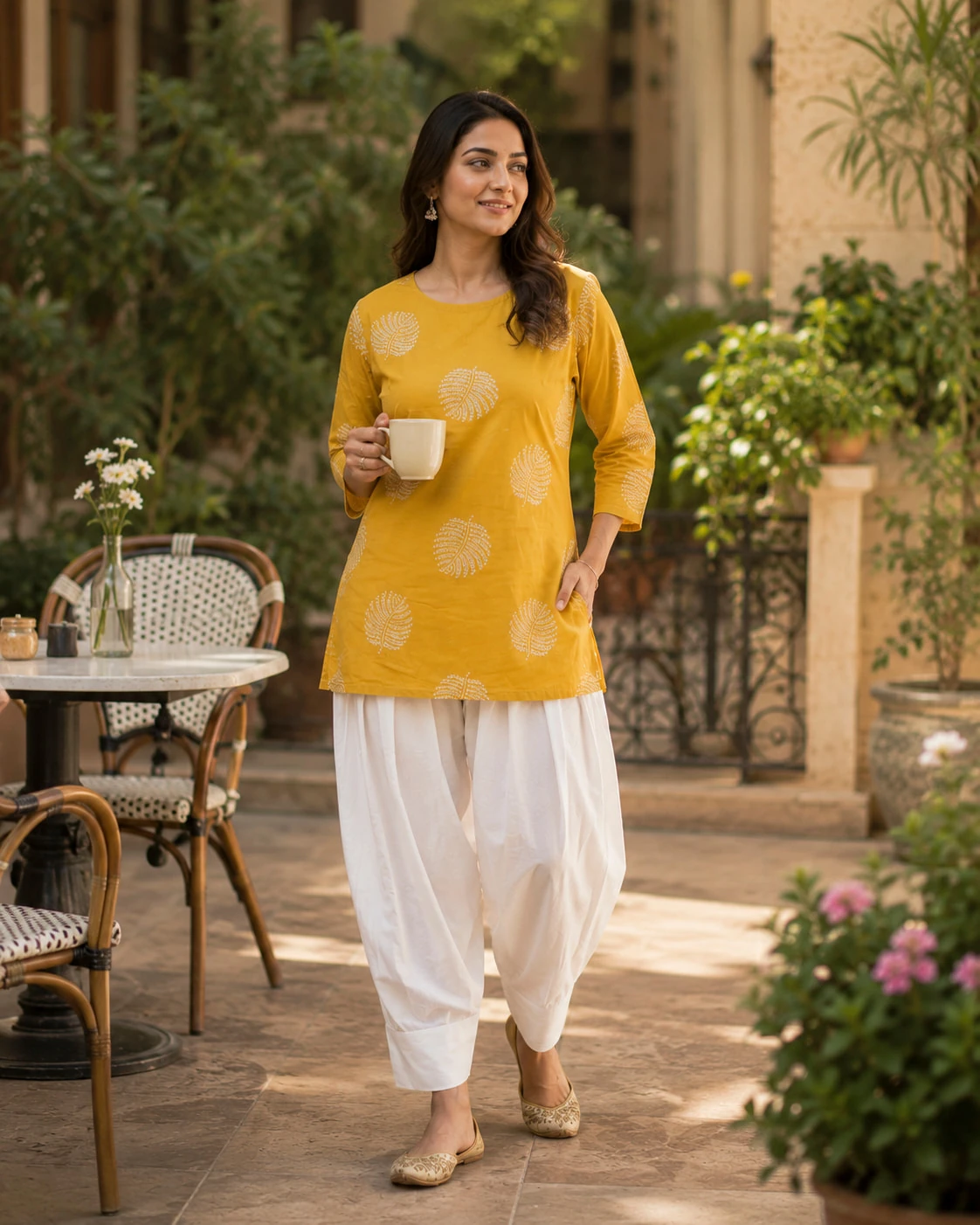 Mustard Hand Block Print Pure Cotton Kurta with White Tulip Pants