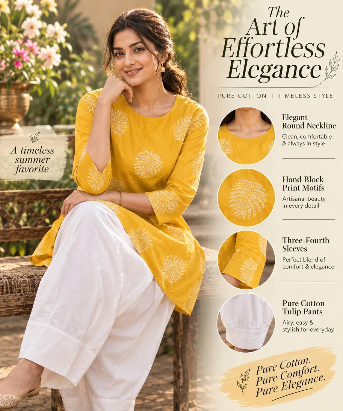 Mustard Hand Block Print Pure Cotton Kurta with White Tulip Pants — view 2