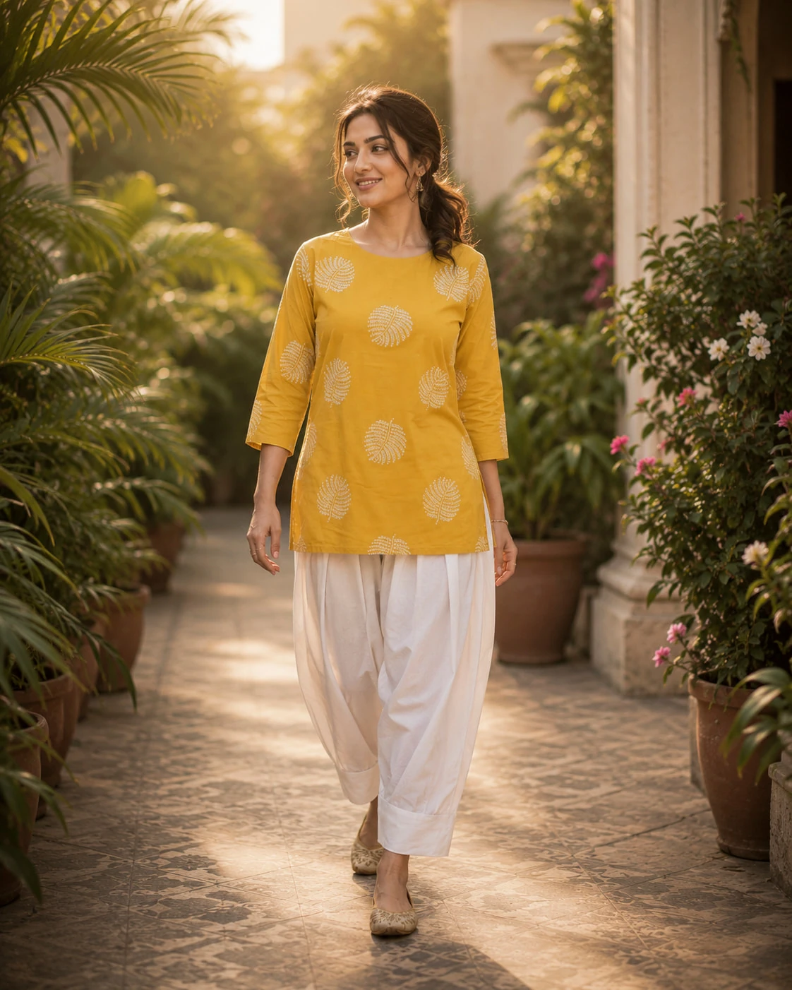 Mustard Hand Block Print Pure Cotton Kurta with White Tulip Pants — view 3