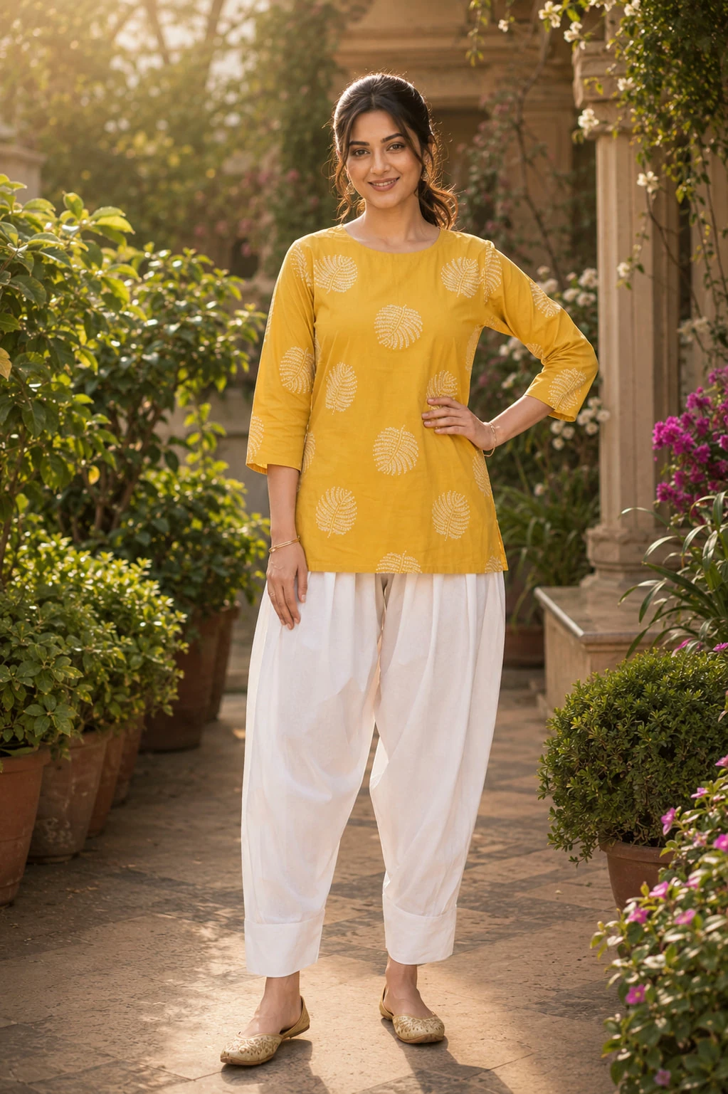 Mustard Hand Block Print Pure Cotton Kurta with White Tulip Pants — view 4