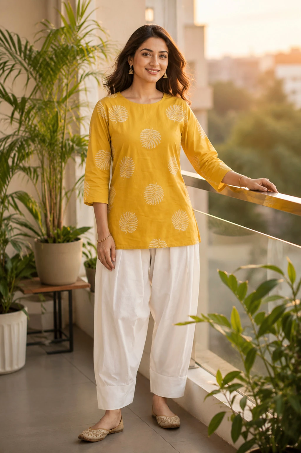 Mustard Hand Block Print Pure Cotton Kurta with White Tulip Pants — view 5