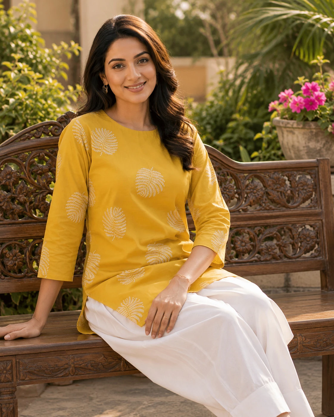 Mustard Hand Block Print Pure Cotton Kurta with White Tulip Pants — view 6