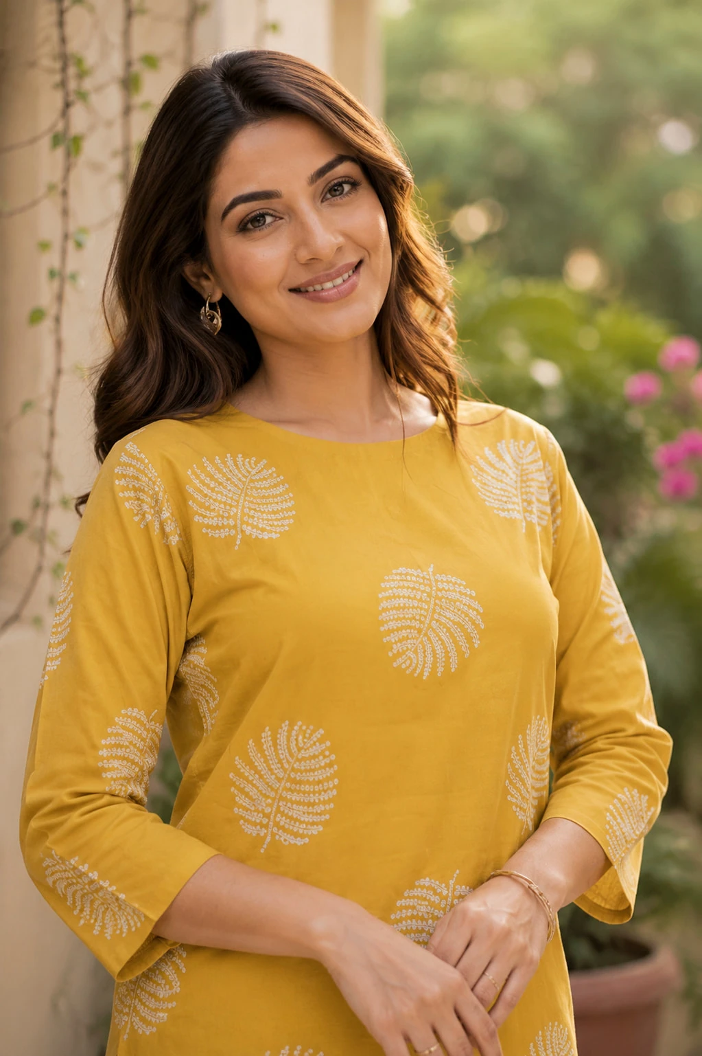 Mustard Hand Block Print Pure Cotton Kurta with White Tulip Pants — view 7