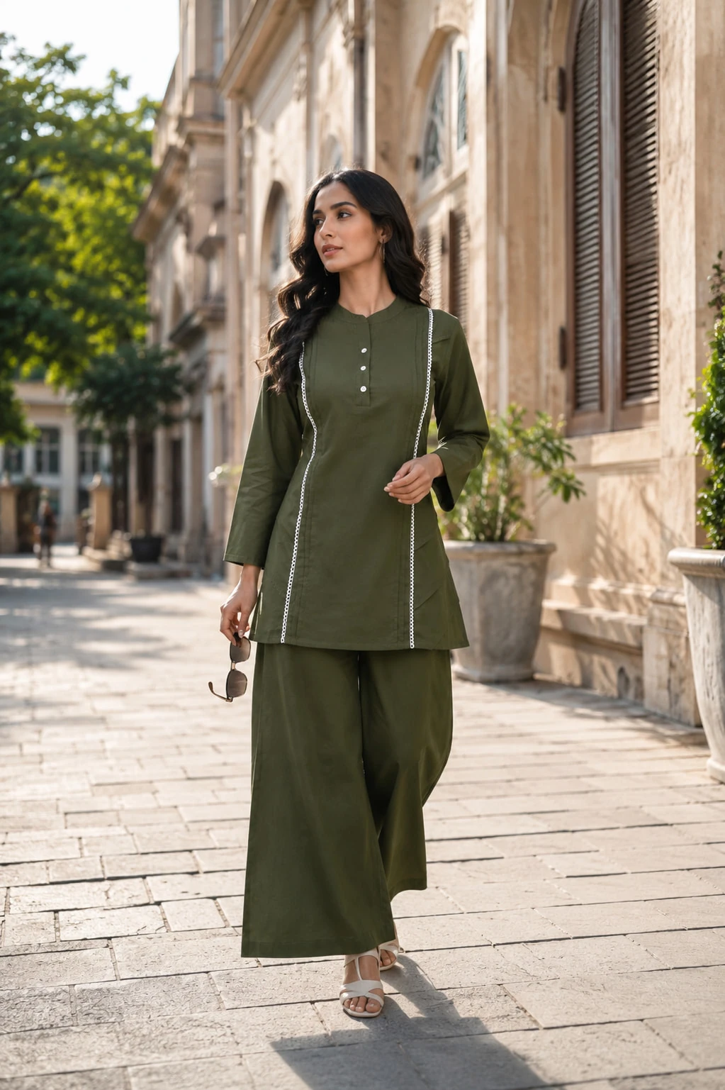 Olive Green Pure Cotton Kurta Pant Set with White Lace Piping
