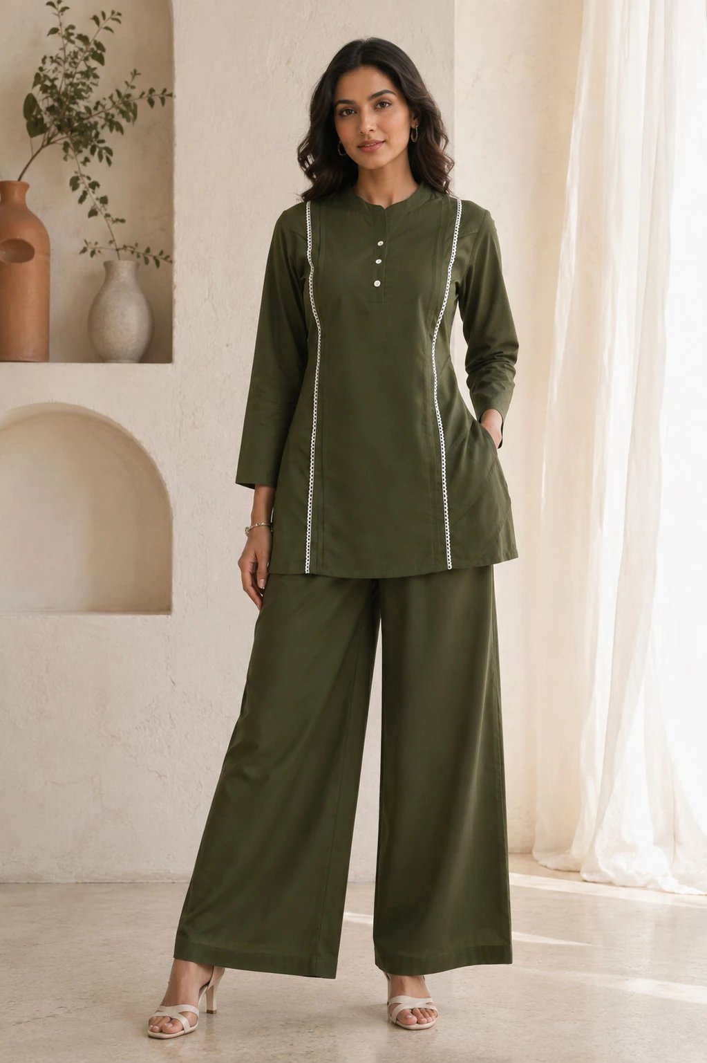 Olive Green Pure Cotton Kurta Pant Set with White Lace Piping — view 2
