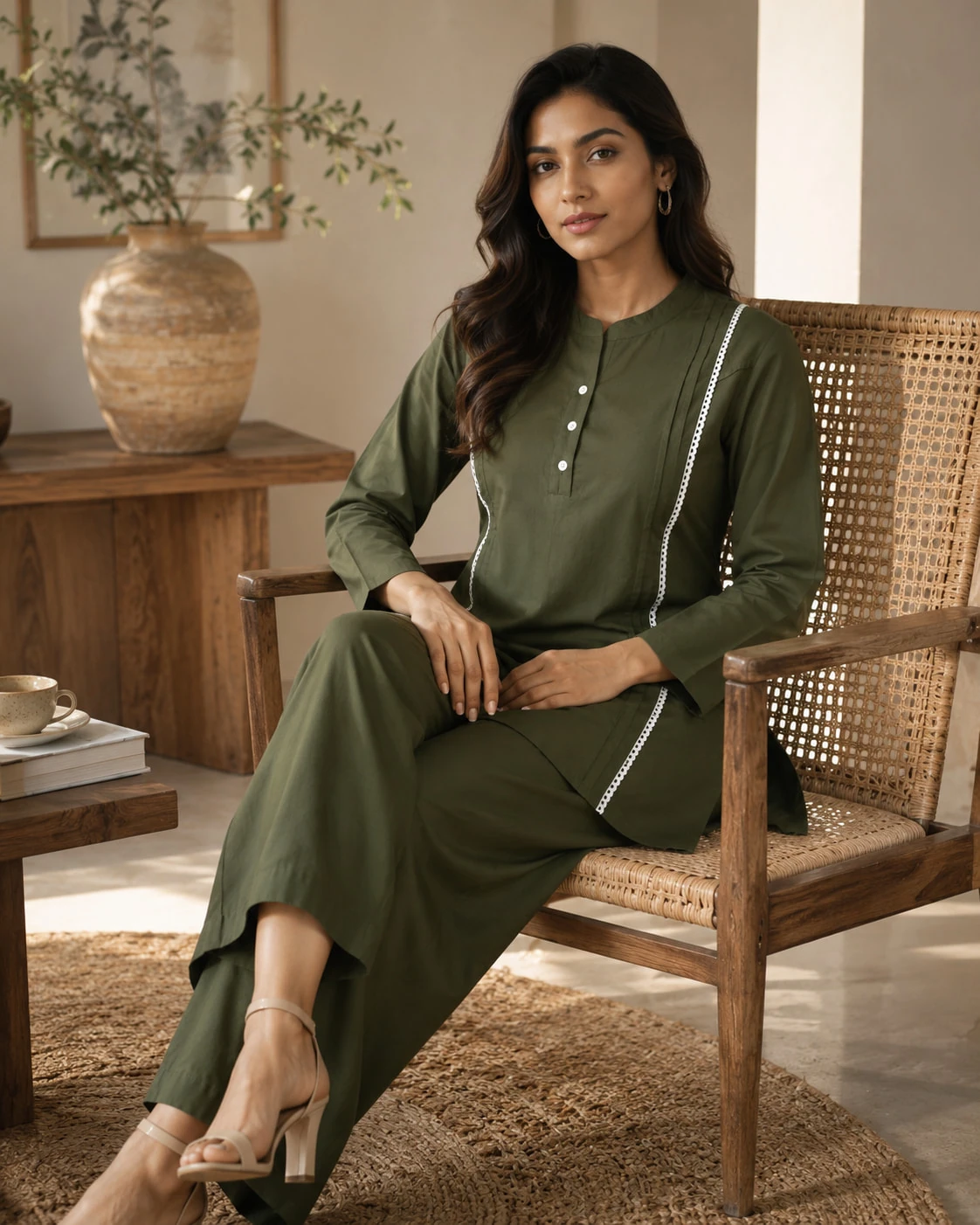 Olive Green Pure Cotton Kurta Pant Set with White Lace Piping — view 3