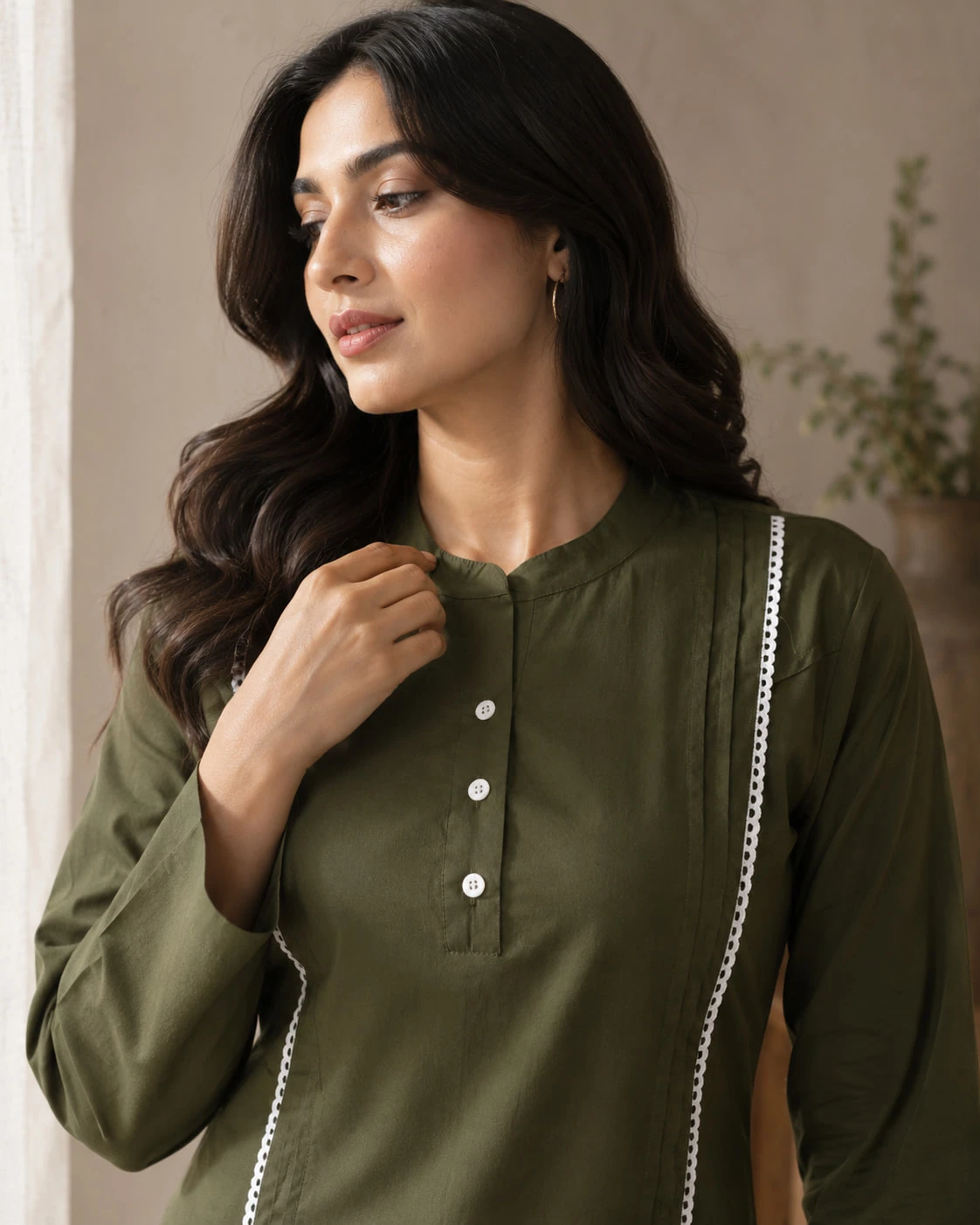 Olive Green Pure Cotton Kurta Pant Set with White Lace Piping — view 4