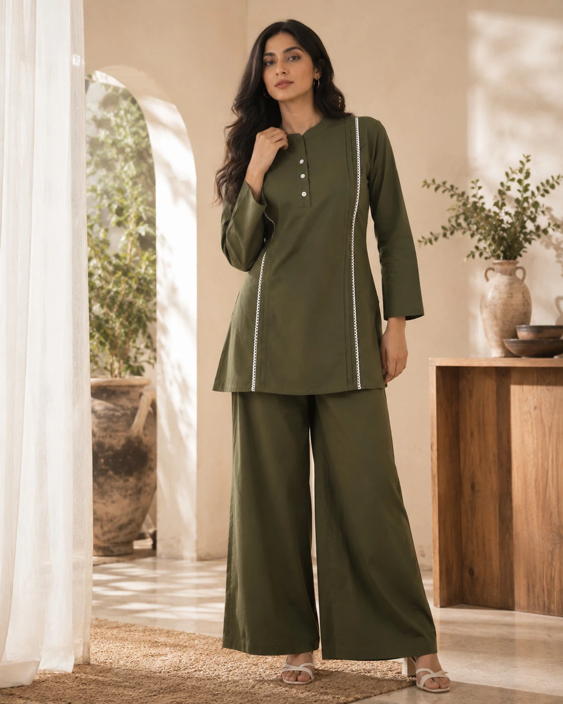 Olive Green Pure Cotton Kurta Pant Set with White Lace Piping — view 5