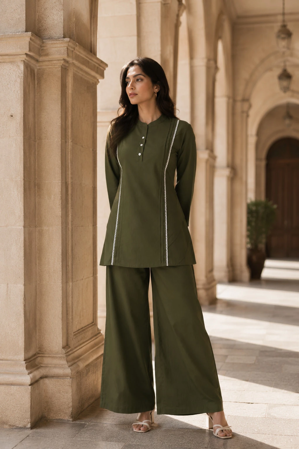 Olive Green Pure Cotton Kurta Pant Set with White Lace Piping — view 6