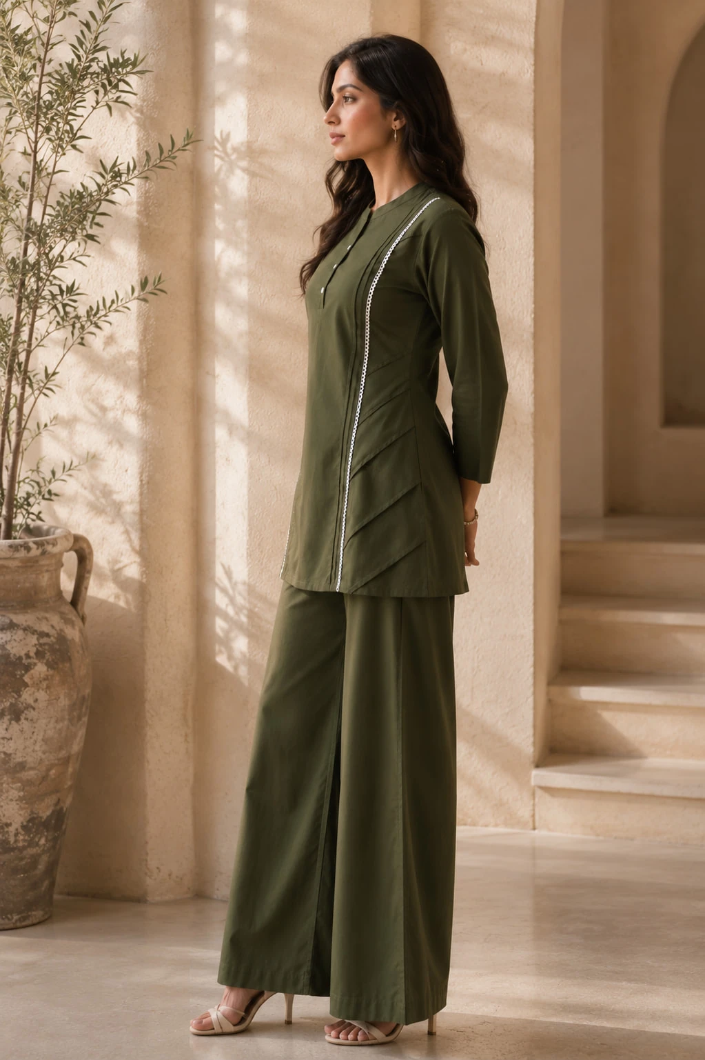 Olive Green Pure Cotton Kurta Pant Set with White Lace Piping — view 7