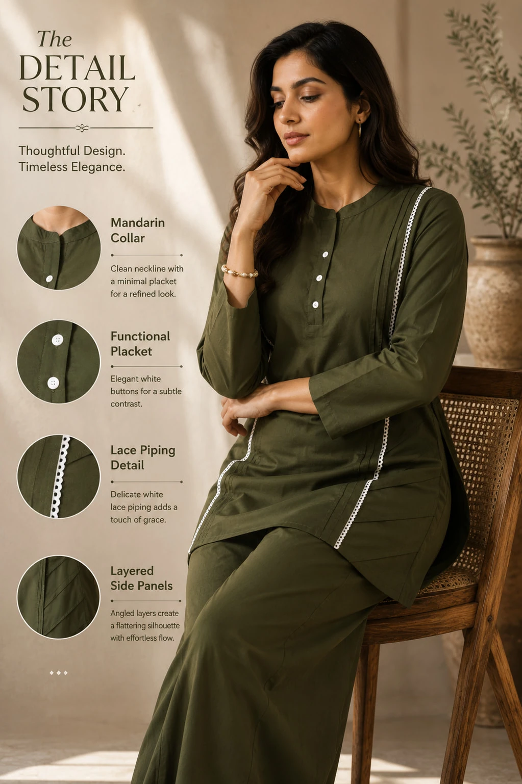 Olive Green Pure Cotton Kurta Pant Set with White Lace Piping — view 8
