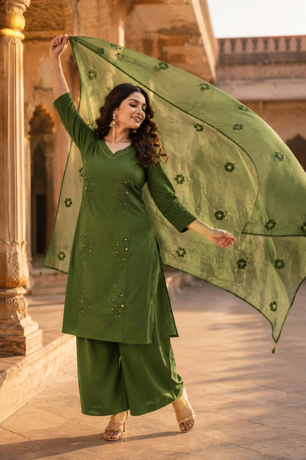Olive Green Appliqué Pure Cotton Kurta Palazzo Set with Dupatta