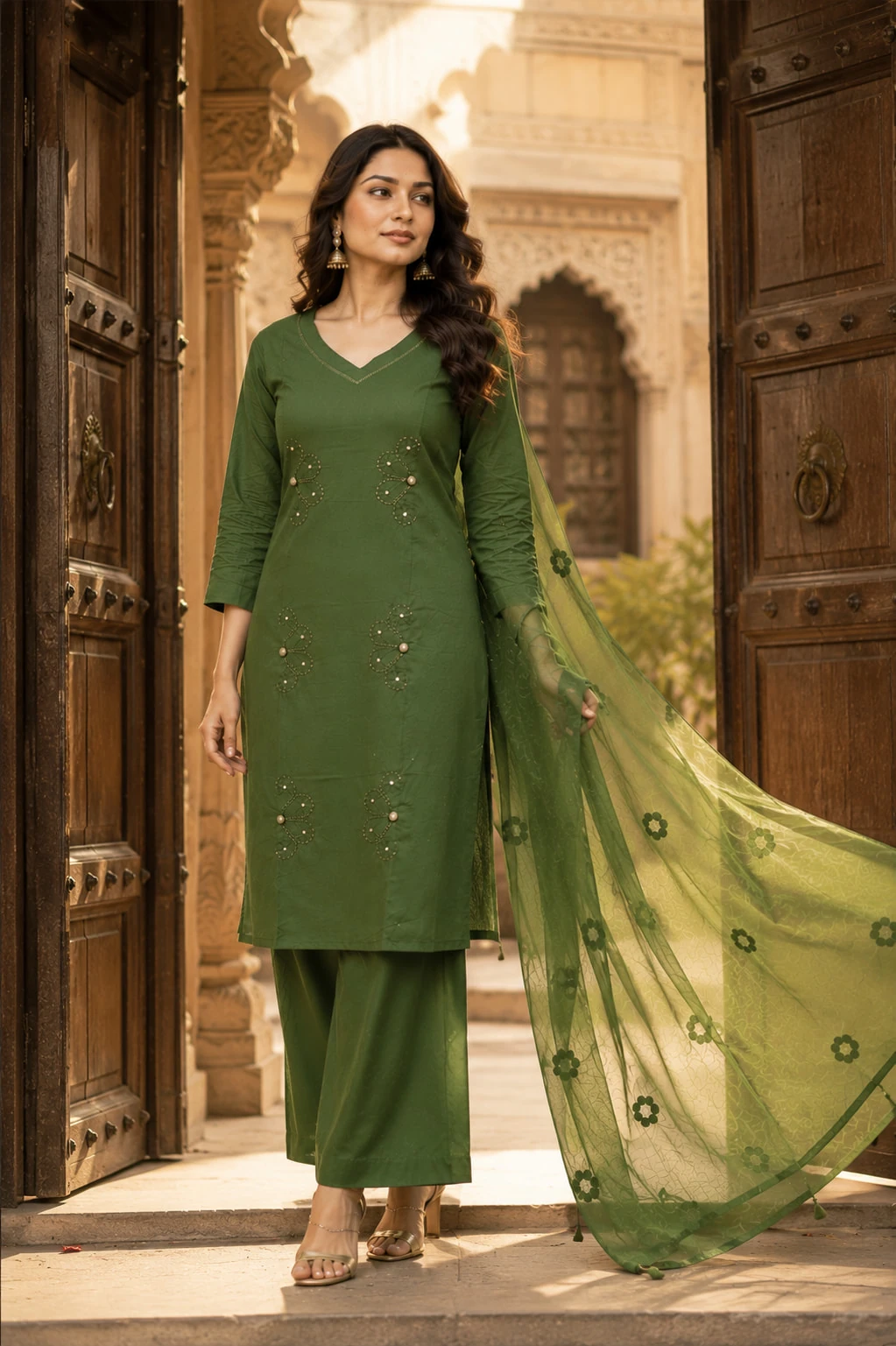 Bansari Women's Olive Green Pure Cotton Appliqué Kurta Palazzo Set with Dupatta