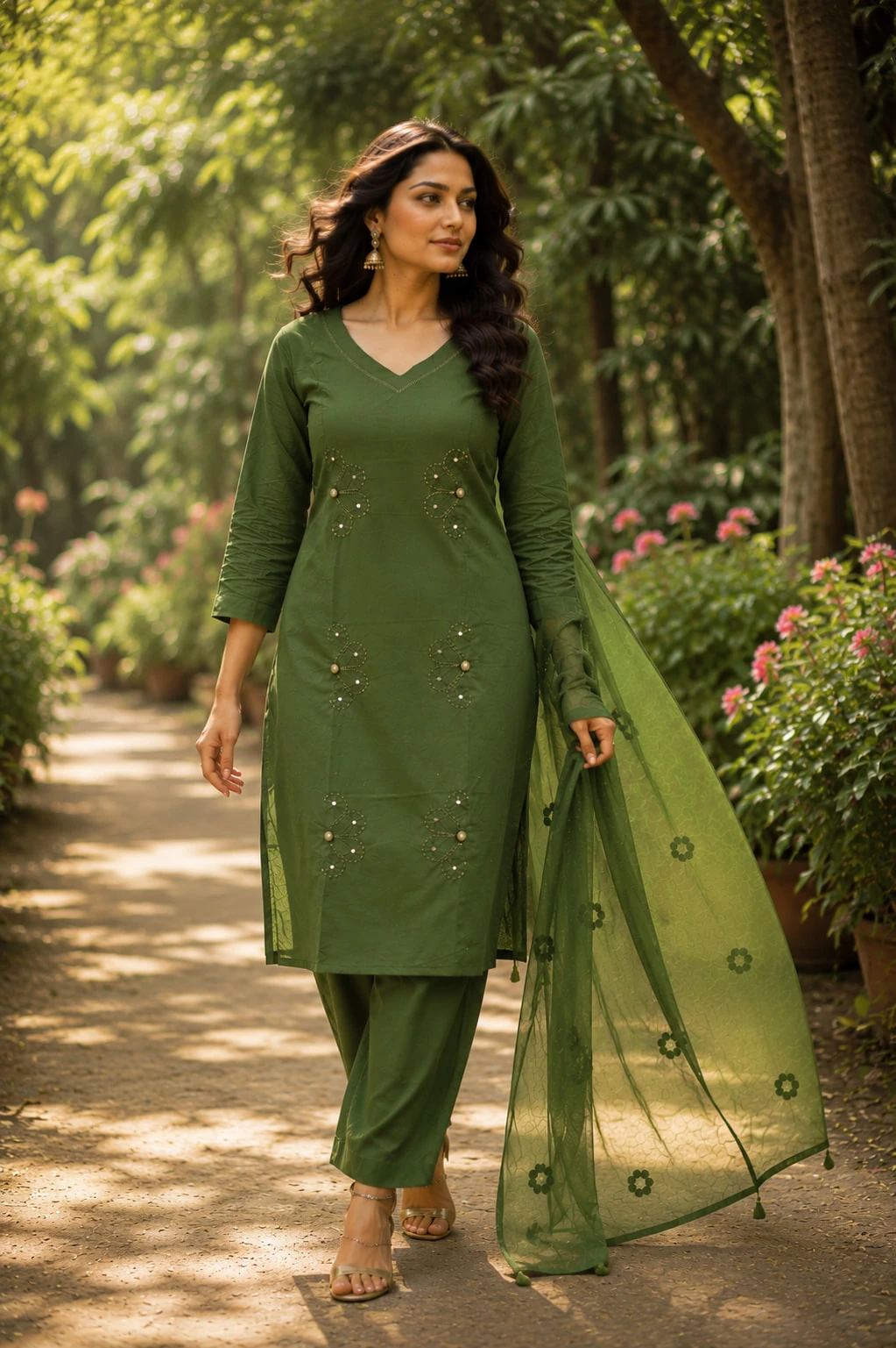 Bansari Women's Olive Green Pure Cotton Appliqué Kurta Palazzo Set with Dupatta