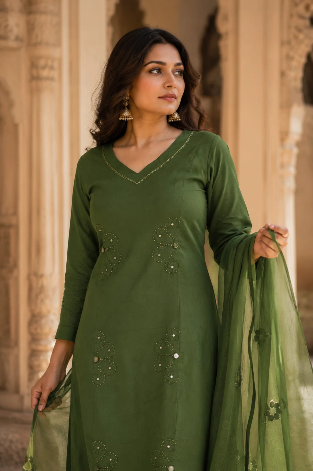 Bansari Women's Olive Green Pure Cotton Appliqué Kurta Palazzo Set with Dupatta