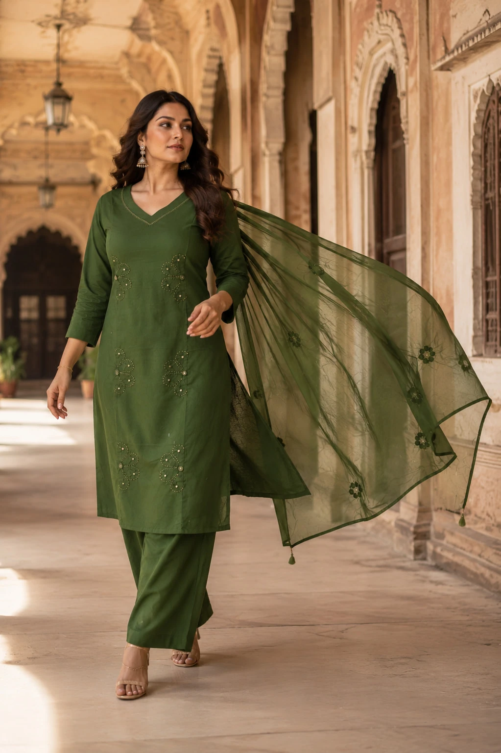 Bansari Women's Olive Green Pure Cotton Appliqué Kurta Palazzo Set with Dupatta