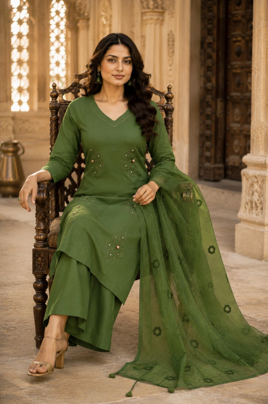 Bansari Women's Olive Green Pure Cotton Appliqué Kurta Palazzo Set with Dupatta