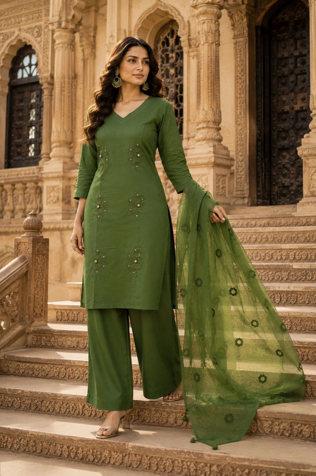 Bansari Women's Olive Green Pure Cotton Appliqué Kurta Palazzo Set with Dupatta
