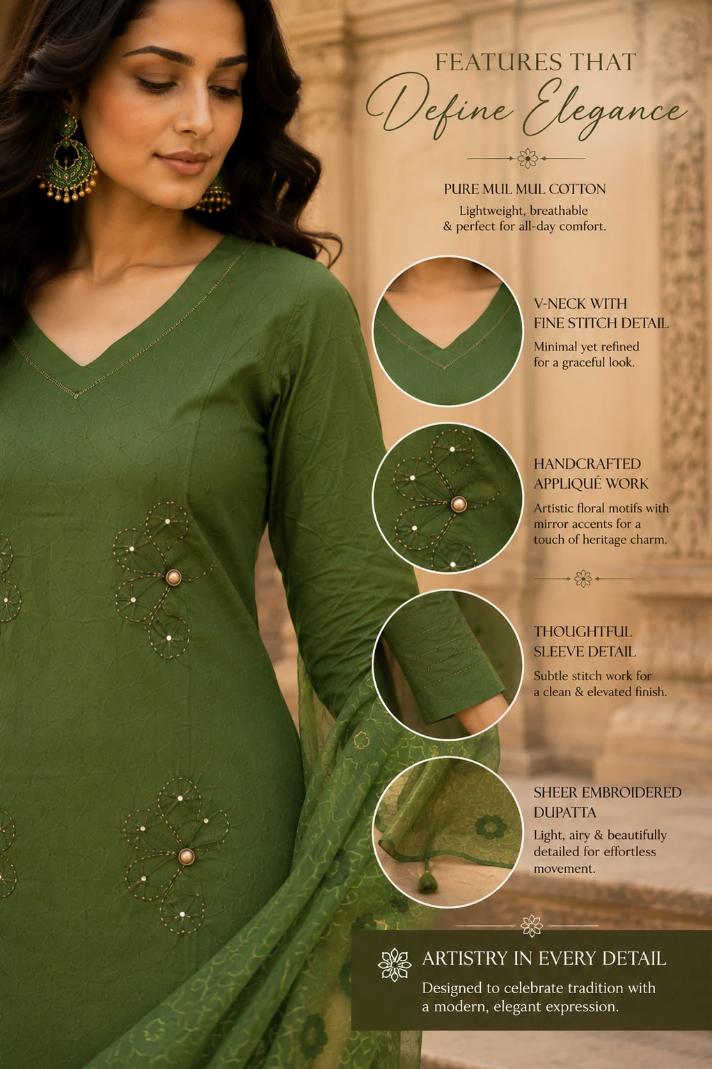 Bansari Women's Olive Green Pure Cotton Appliqué Kurta Palazzo Set with Dupatta