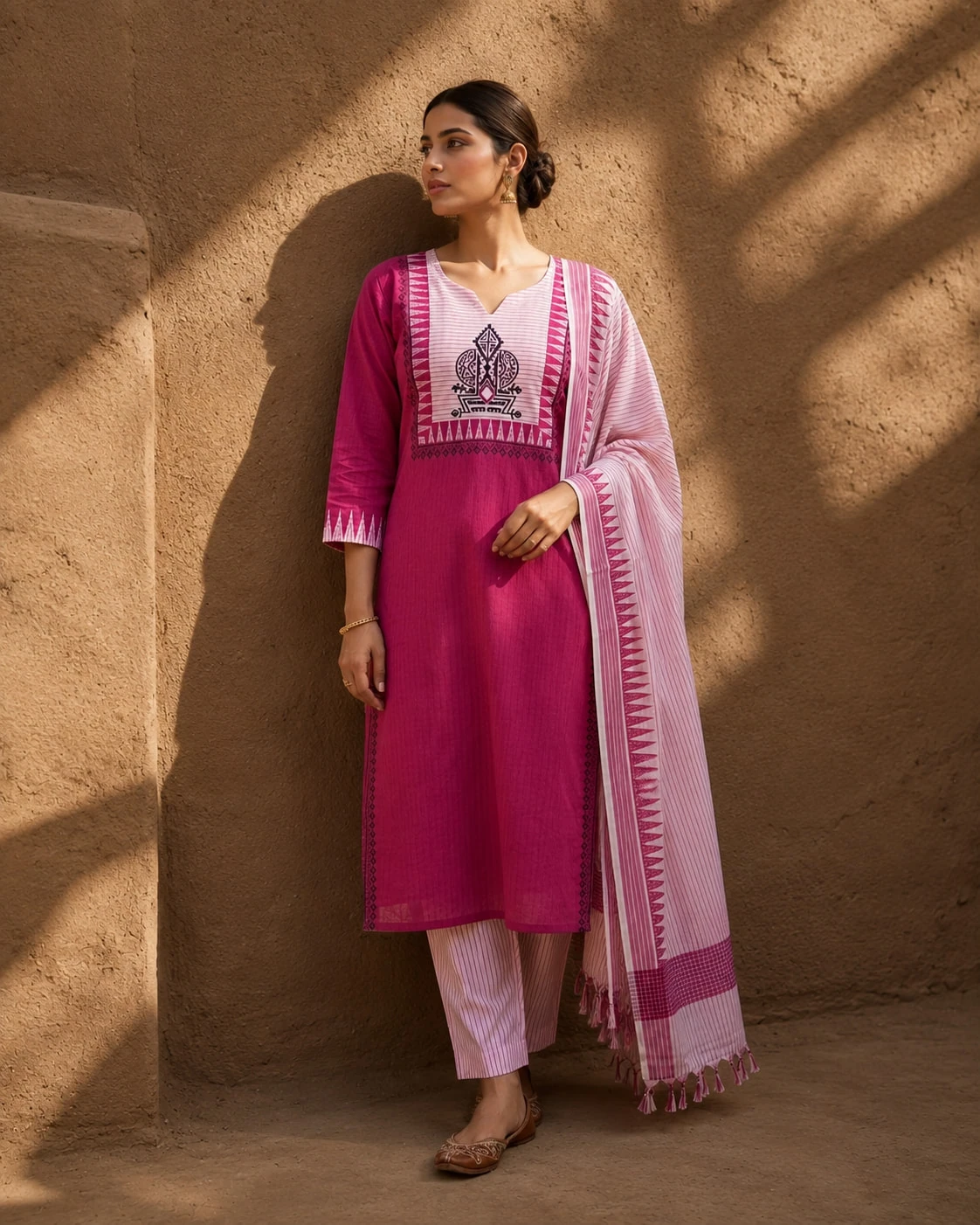 Pink Pure Cotton Embroidered Kurta Pant Dupatta Set