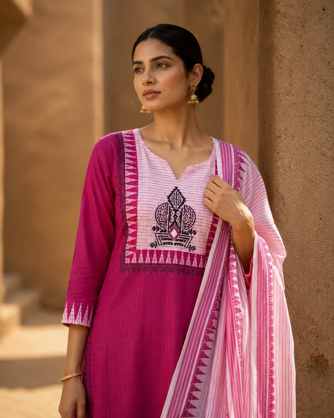 Pink Pure Cotton Embroidered Kurta Pant Dupatta Set — view 2