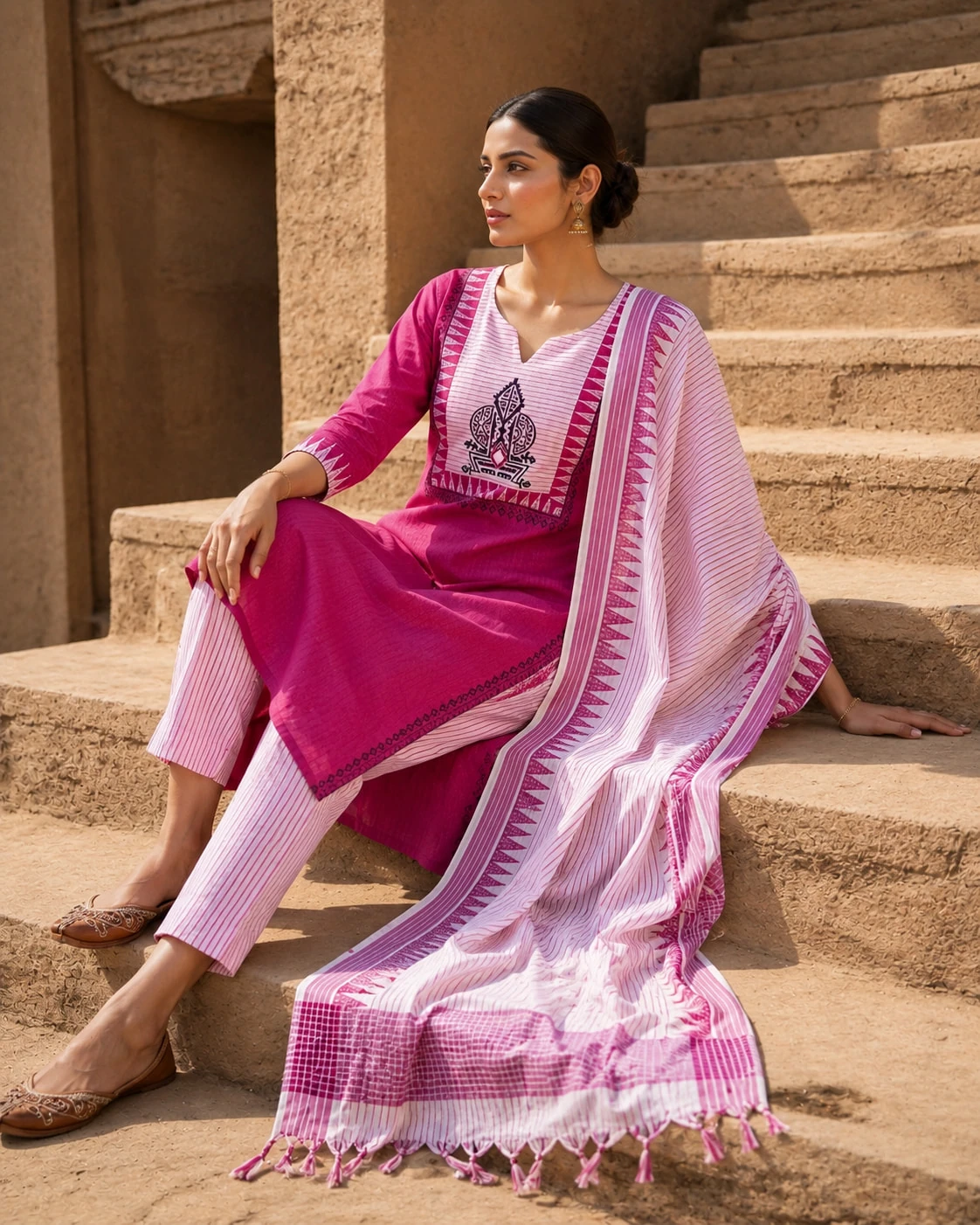 Pink Pure Cotton Embroidered Kurta Pant Dupatta Set — view 3
