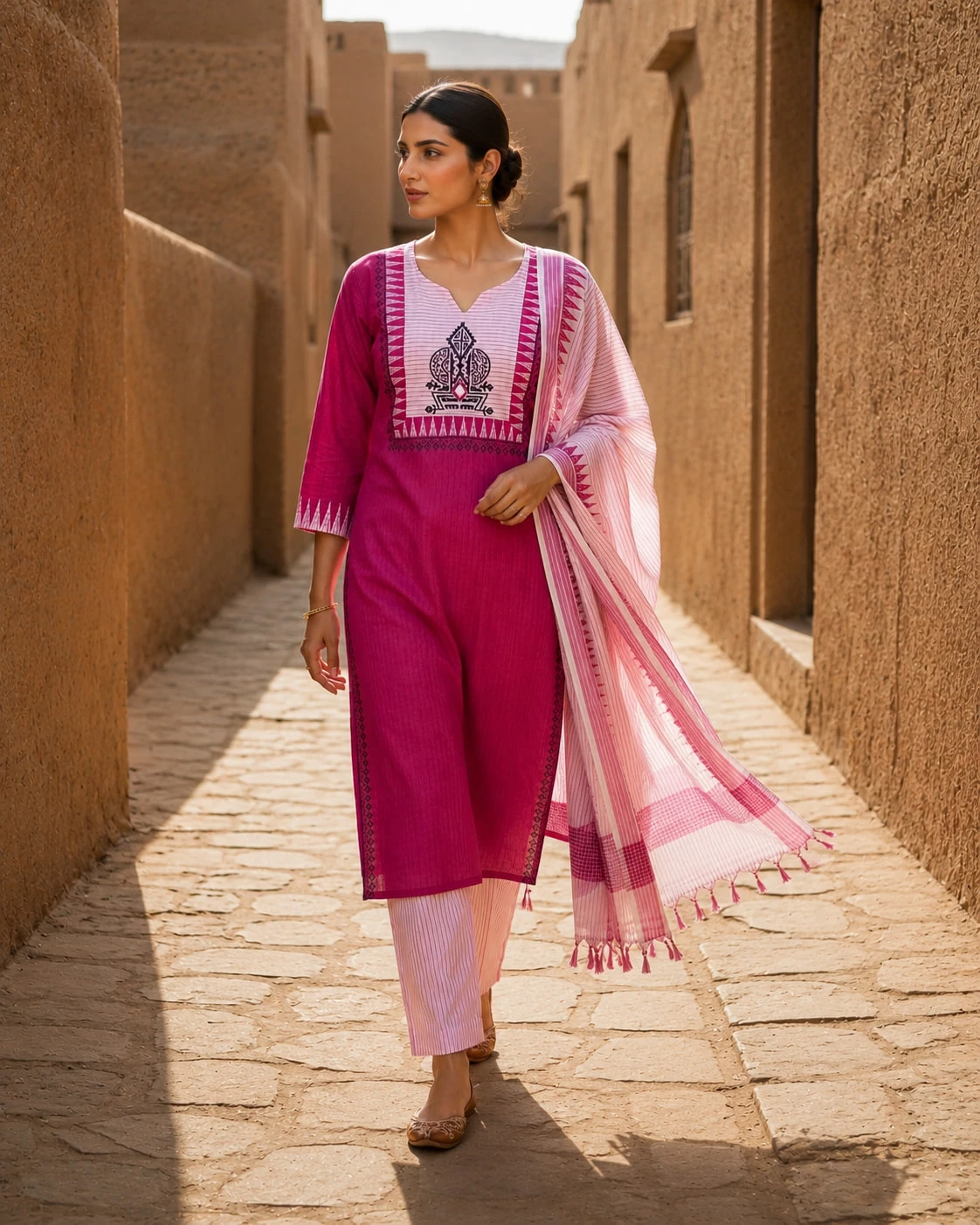 Pink Pure Cotton Embroidered Kurta Pant Dupatta Set — view 4