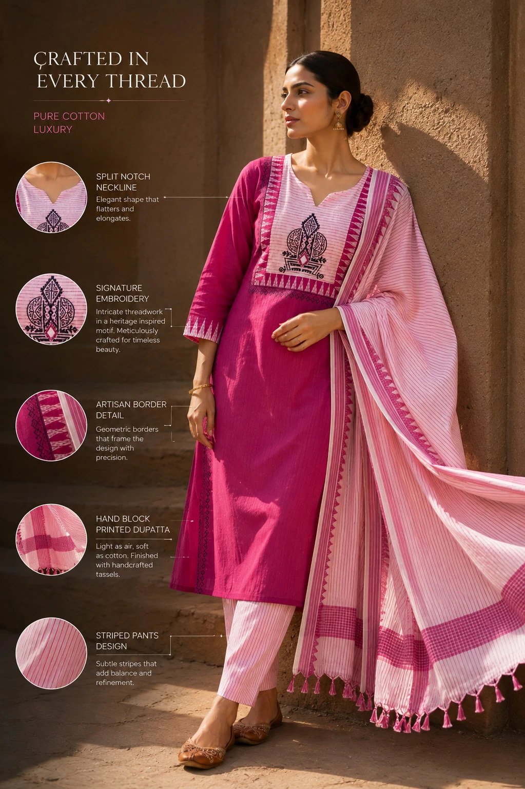 Pink Pure Cotton Embroidered Kurta Pant Dupatta Set — view 5