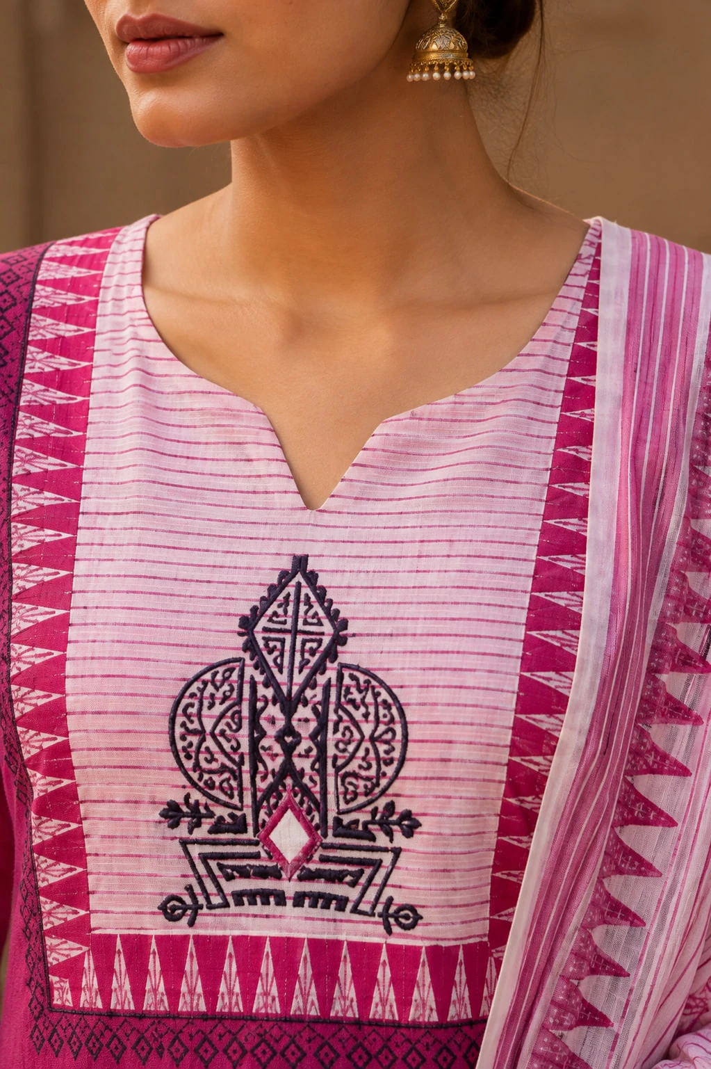 Pink Pure Cotton Embroidered Kurta Pant Dupatta Set — view 6