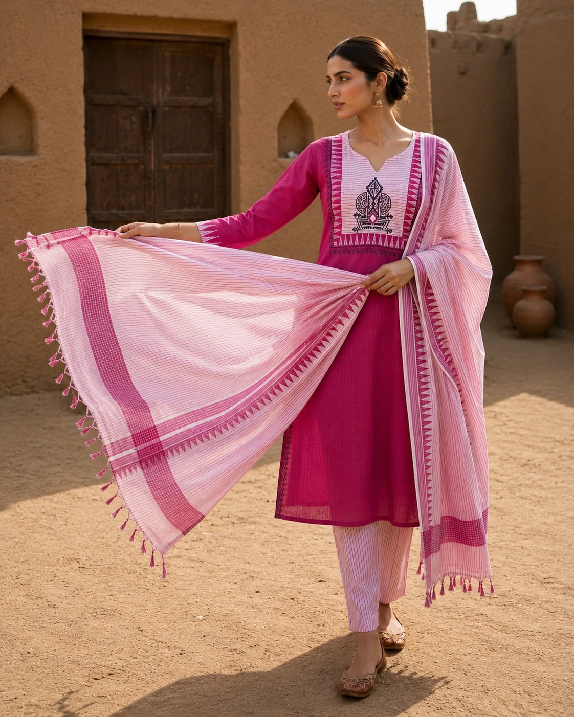 Pink Pure Cotton Embroidered Kurta Pant Dupatta Set — view 7