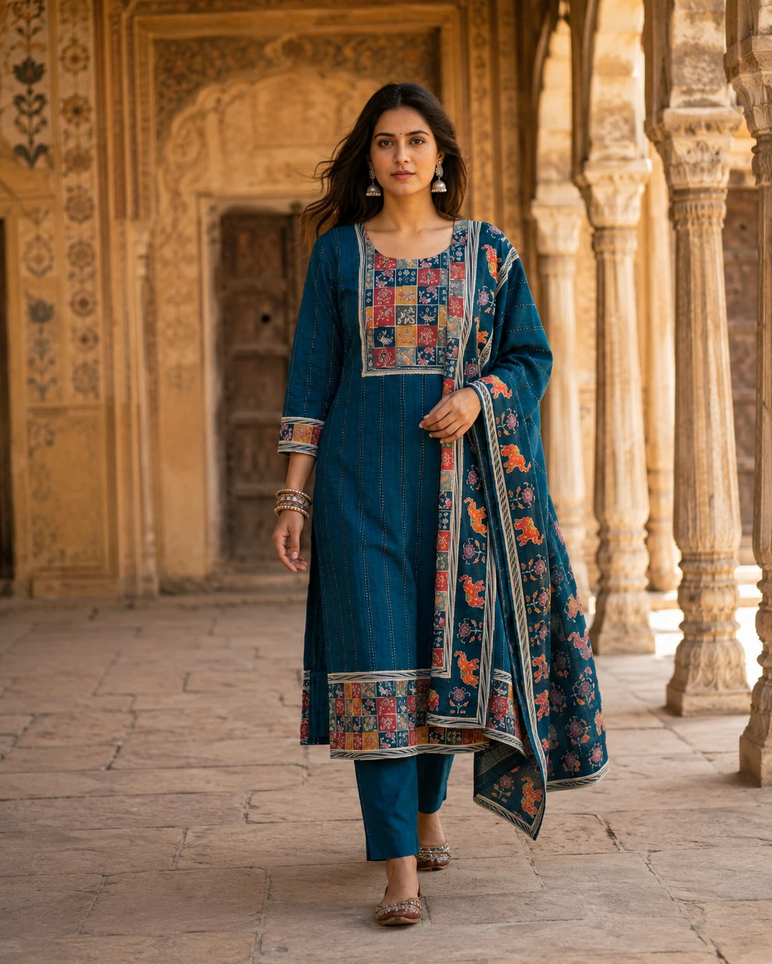 Blue Printed Cotton Kurta Pant Dupatta Set with Multicolour Yoke