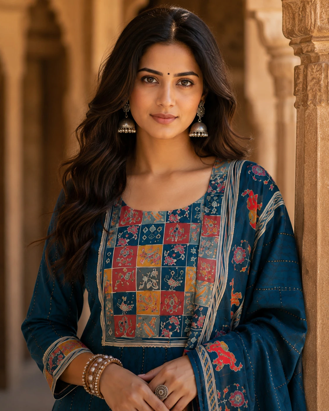 Blue Printed Cotton Kurta Pant Dupatta Set with Multicolour Yoke — view 2