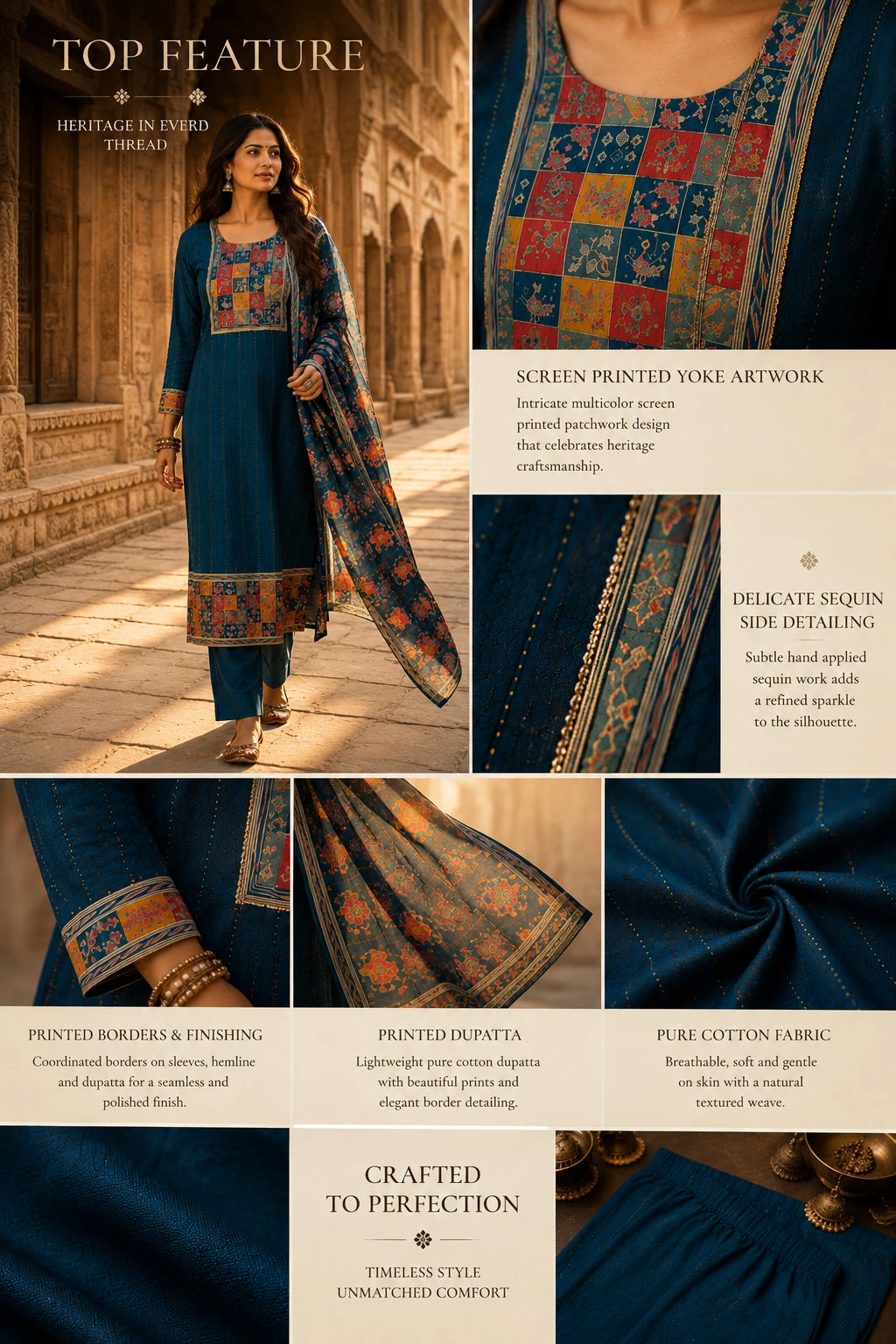 Blue Printed Cotton Kurta Pant Dupatta Set with Multicolour Yoke — view 3