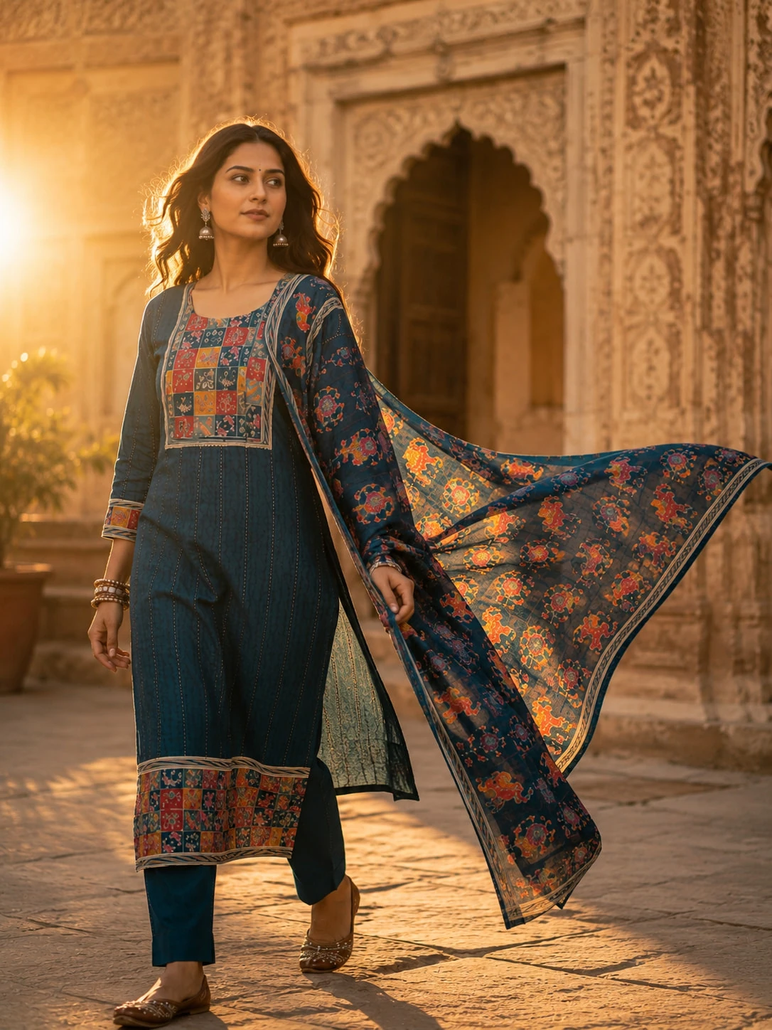Blue Printed Cotton Kurta Pant Dupatta Set with Multicolour Yoke — view 4