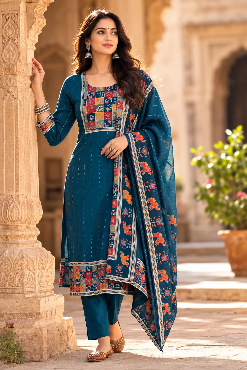 Blue Printed Cotton Kurta Pant Dupatta Set with Multicolour Yoke — view 5