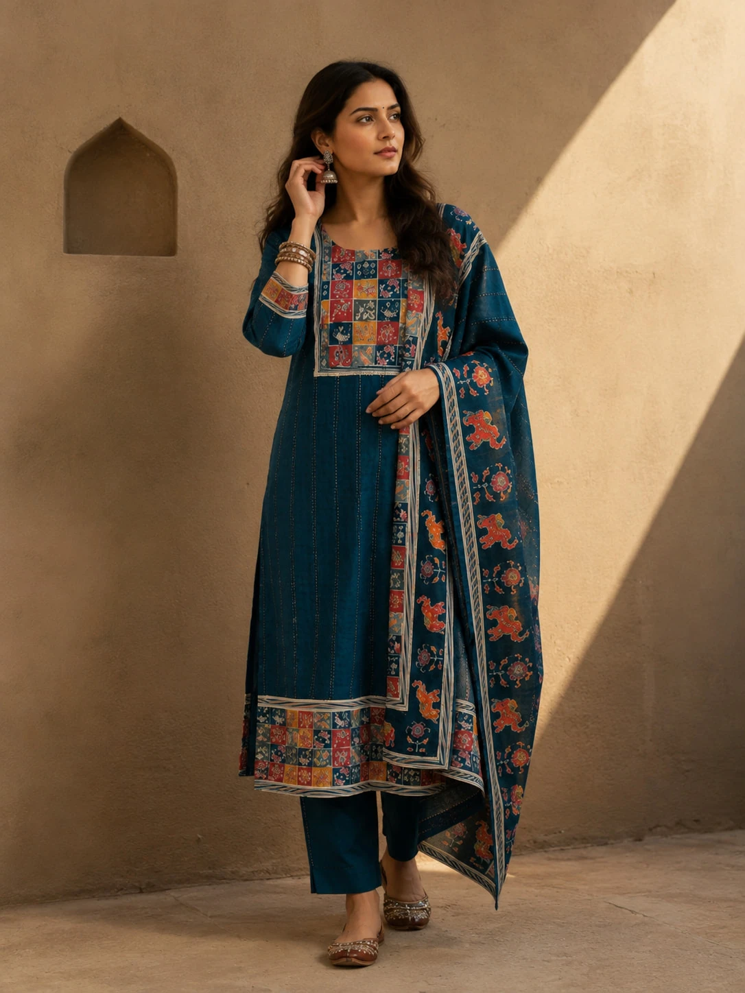 Blue Printed Cotton Kurta Pant Dupatta Set with Multicolour Yoke — view 6