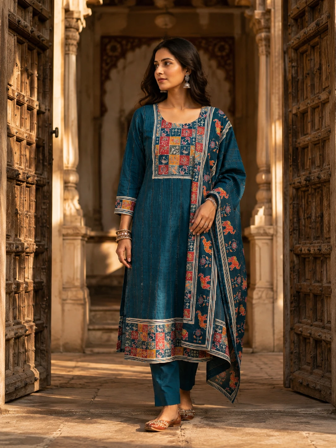 Blue Printed Cotton Kurta Pant Dupatta Set with Multicolour Yoke — view 7